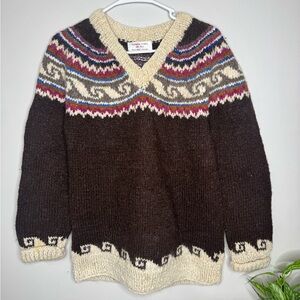 Vintage 100% Wool sweater Brown and Cream Knit Sweater with Patterned Design
